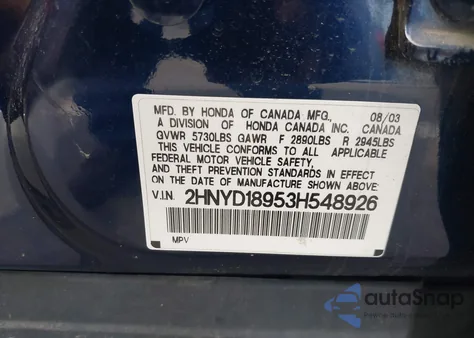 2003 Acura Mdx z USA, uszkodzony, nr VIN 2HNYD18953H548926